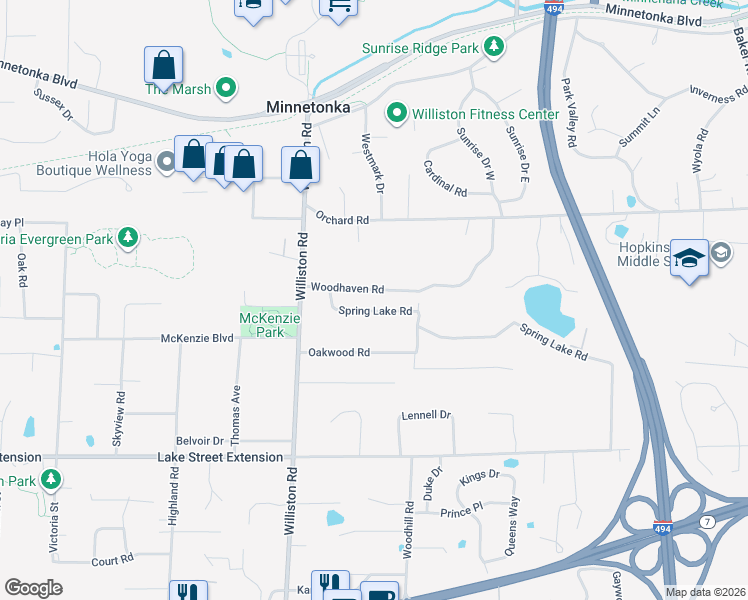 map of restaurants, bars, coffee shops, grocery stores, and more near 14424 Woodhaven Road in Minnetonka