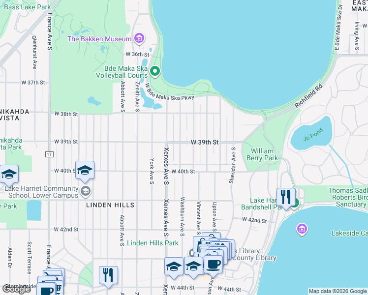 map of restaurants, bars, coffee shops, grocery stores, and more near 3844 Washburn Avenue South in Minneapolis
