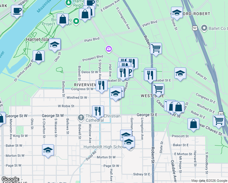 map of restaurants, bars, coffee shops, grocery stores, and more near 7 Congress Street West in Saint Paul