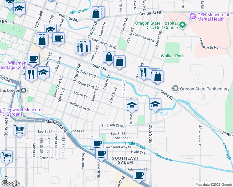 map of restaurants, bars, coffee shops, grocery stores, and more near 2225 Trade Street Southeast in Salem