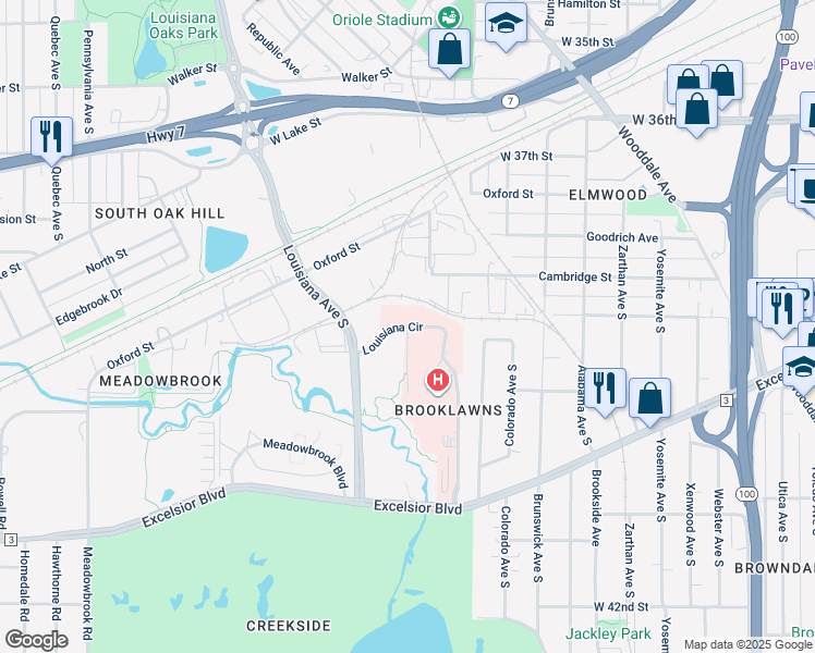 map of restaurants, bars, coffee shops, grocery stores, and more near 6401 Louisiana Circle in St. Louis Park