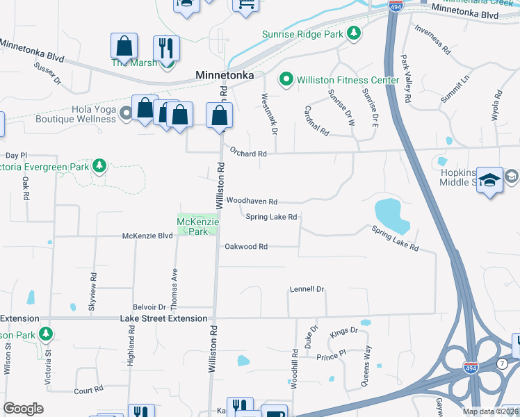 map of restaurants, bars, coffee shops, grocery stores, and more near 14605 Woodhaven Road in Minnetonka