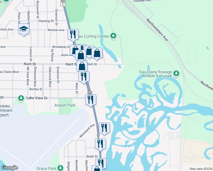 map of restaurants, bars, coffee shops, grocery stores, and more near 2505 Grand Avenue in Wausau