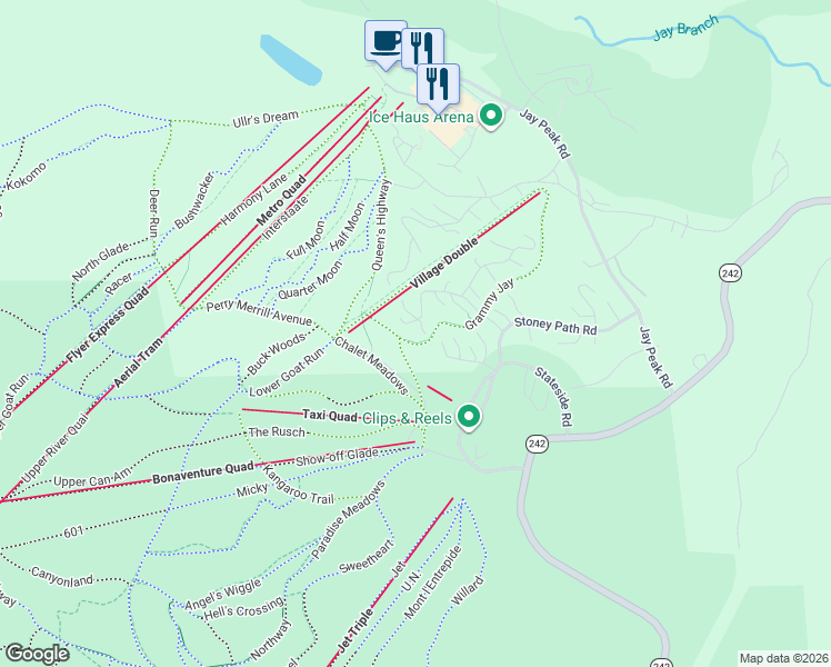 map of restaurants, bars, coffee shops, grocery stores, and more near 231 South Village Road in Jay