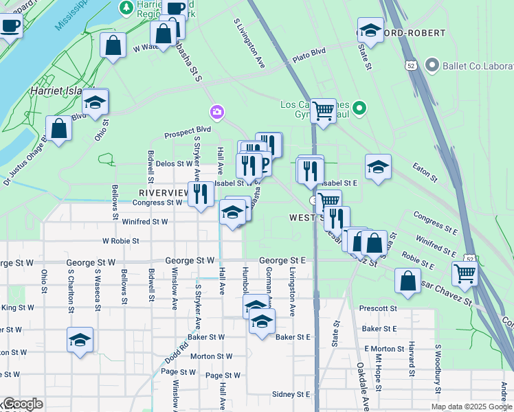 map of restaurants, bars, coffee shops, grocery stores, and more near 460 Wabasha Street South in Saint Paul