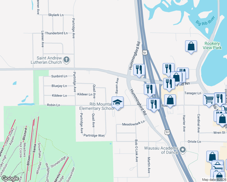 map of restaurants, bars, coffee shops, grocery stores, and more near 227508 Raven Avenue in Wausau