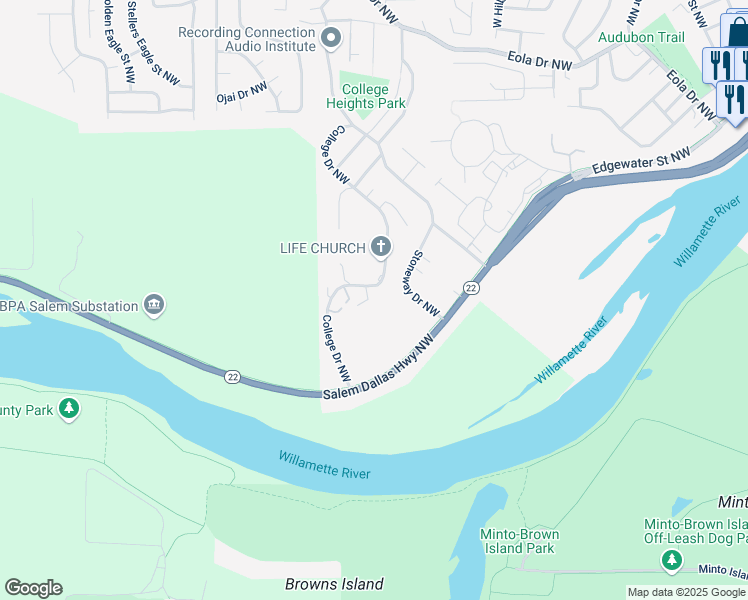 map of restaurants, bars, coffee shops, grocery stores, and more near 284 College Drive Northwest in Salem