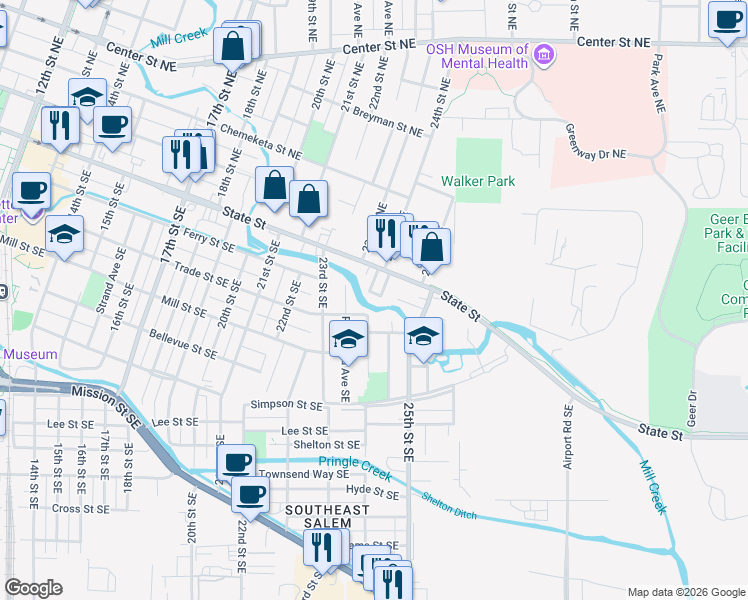 map of restaurants, bars, coffee shops, grocery stores, and more near 165 24th Street Southeast in Salem