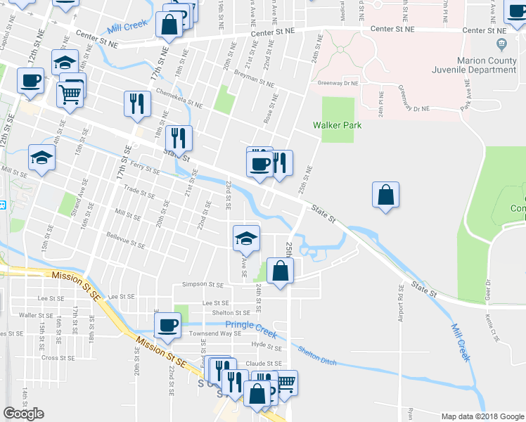 map of restaurants, bars, coffee shops, grocery stores, and more near 165 24th Street Southeast in Salem