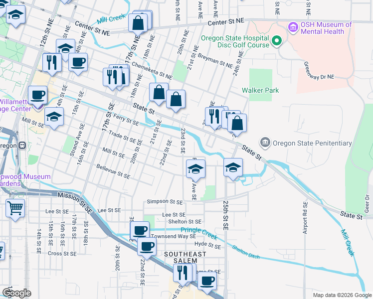 map of restaurants, bars, coffee shops, grocery stores, and more near 225 Richmond Avenue Southeast in Salem