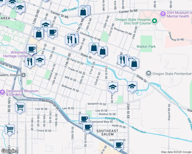 map of restaurants, bars, coffee shops, grocery stores, and more near 260 21st Street Southeast in Salem