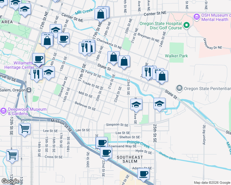 map of restaurants, bars, coffee shops, grocery stores, and more near 260 21st Street Southeast in Salem