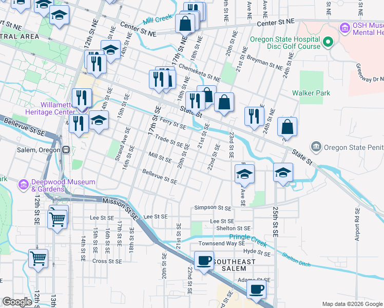 map of restaurants, bars, coffee shops, grocery stores, and more near 2015 Trade Street Southeast in Salem