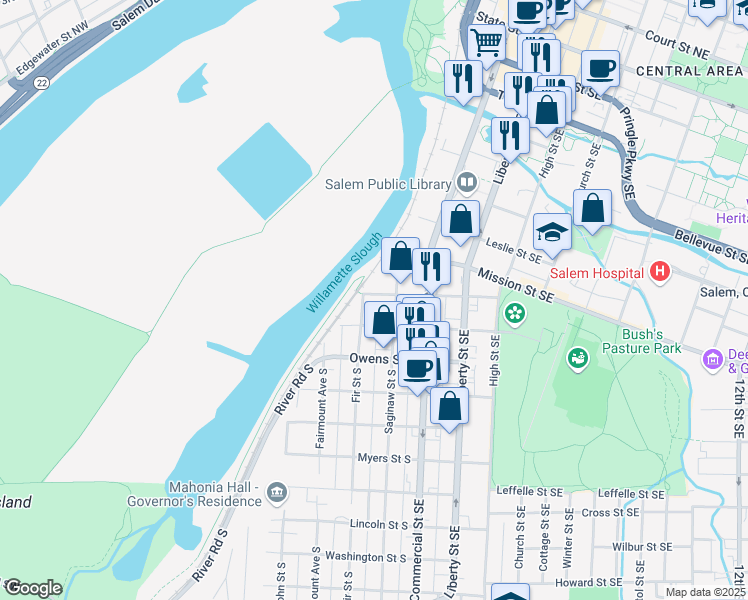 map of restaurants, bars, coffee shops, grocery stores, and more near 295 Kearney Street South in Salem