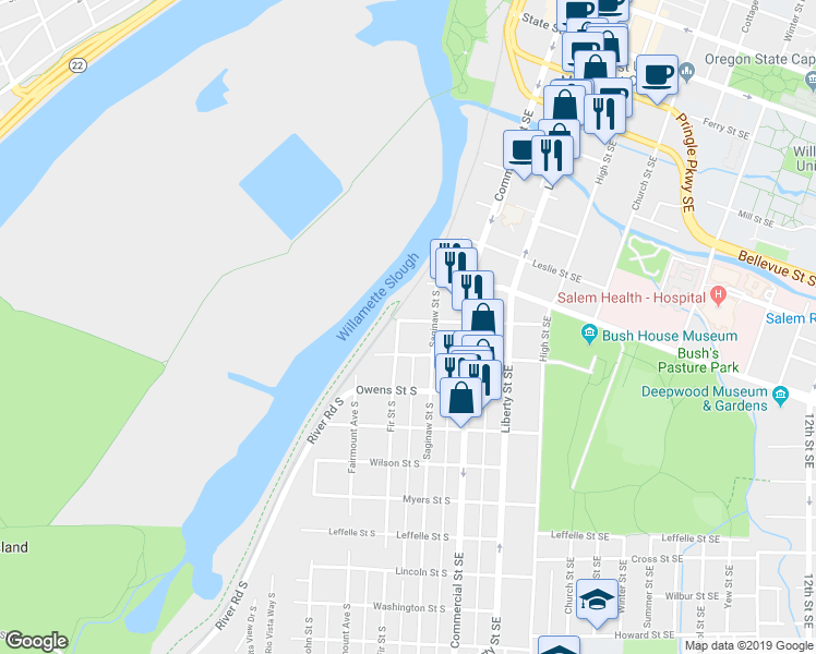 map of restaurants, bars, coffee shops, grocery stores, and more near 295 Kearney Street South in Salem