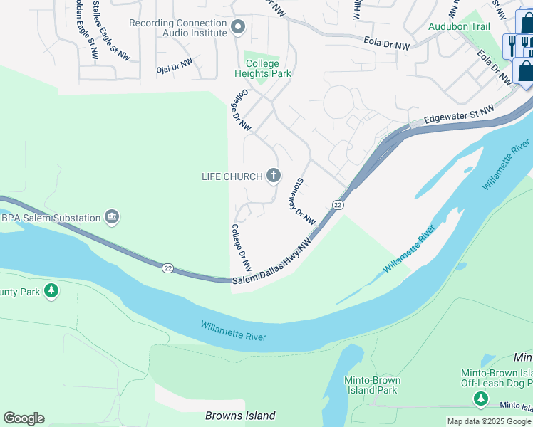 map of restaurants, bars, coffee shops, grocery stores, and more near 284 College Drive Northwest in Salem