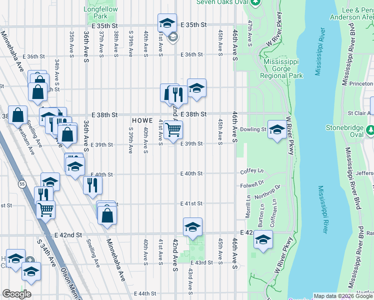 map of restaurants, bars, coffee shops, grocery stores, and more near 3855 43rd Avenue South in Minneapolis