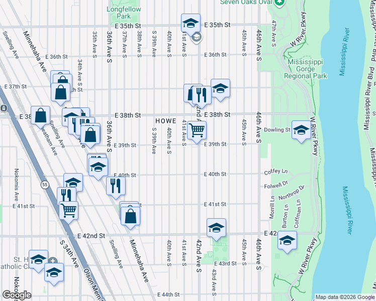map of restaurants, bars, coffee shops, grocery stores, and more near 3856 42nd Avenue South in Minneapolis