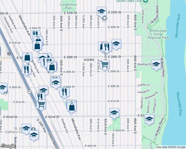 map of restaurants, bars, coffee shops, grocery stores, and more near 3856 41st Avenue South in Minneapolis