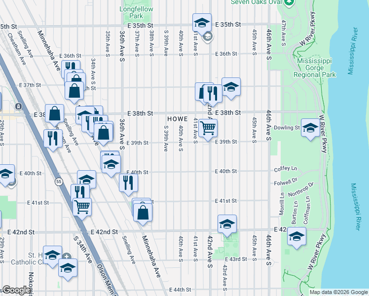 map of restaurants, bars, coffee shops, grocery stores, and more near 3856 41st Avenue South in Minneapolis