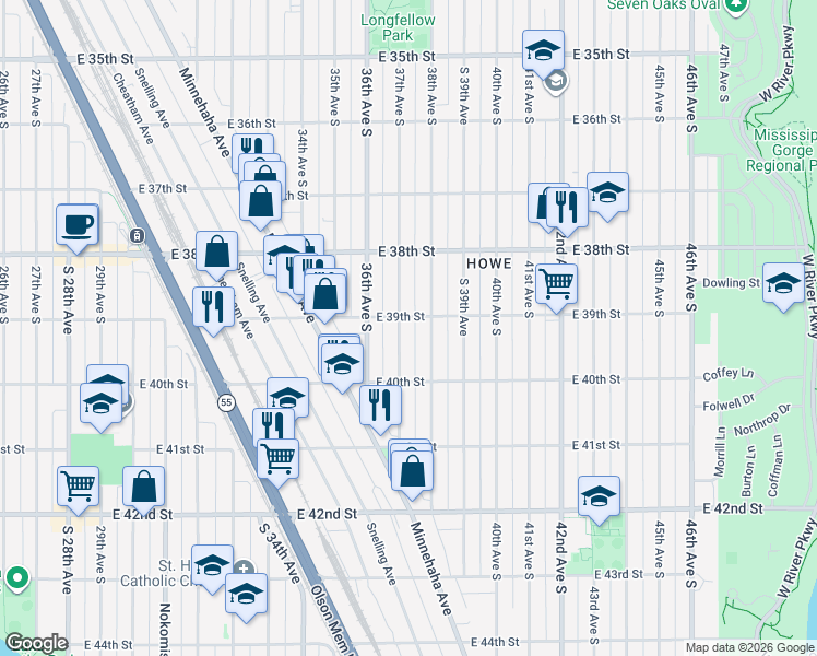 map of restaurants, bars, coffee shops, grocery stores, and more near 3857 37th Avenue South in Minneapolis