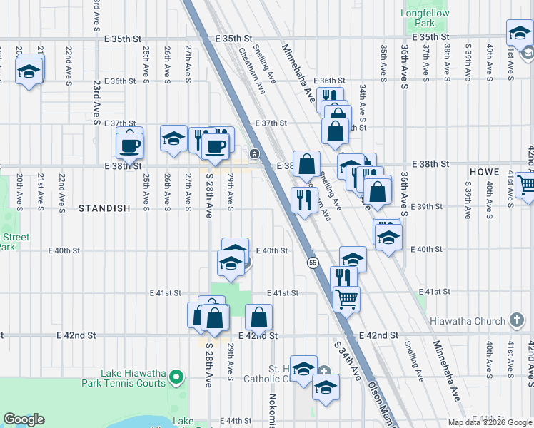 map of restaurants, bars, coffee shops, grocery stores, and more near 3010 East 39th Street in Minneapolis