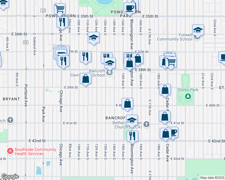 map of restaurants, bars, coffee shops, grocery stores, and more near 3857 14th Avenue South in Minneapolis