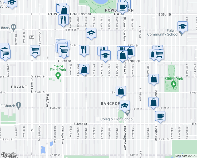 map of restaurants, bars, coffee shops, grocery stores, and more near 3852 13th Avenue South in Minneapolis