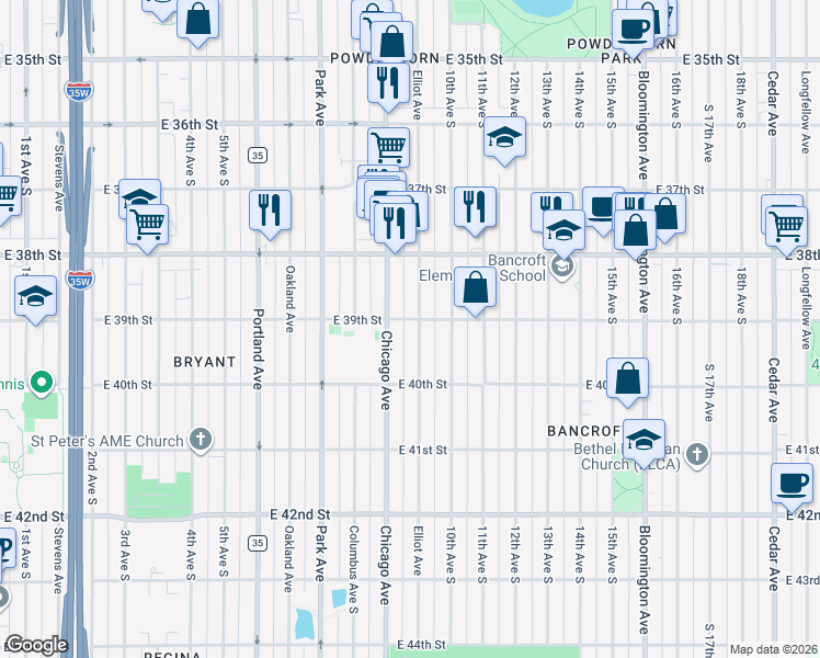 map of restaurants, bars, coffee shops, grocery stores, and more near 3855 Elliot Avenue in Minneapolis