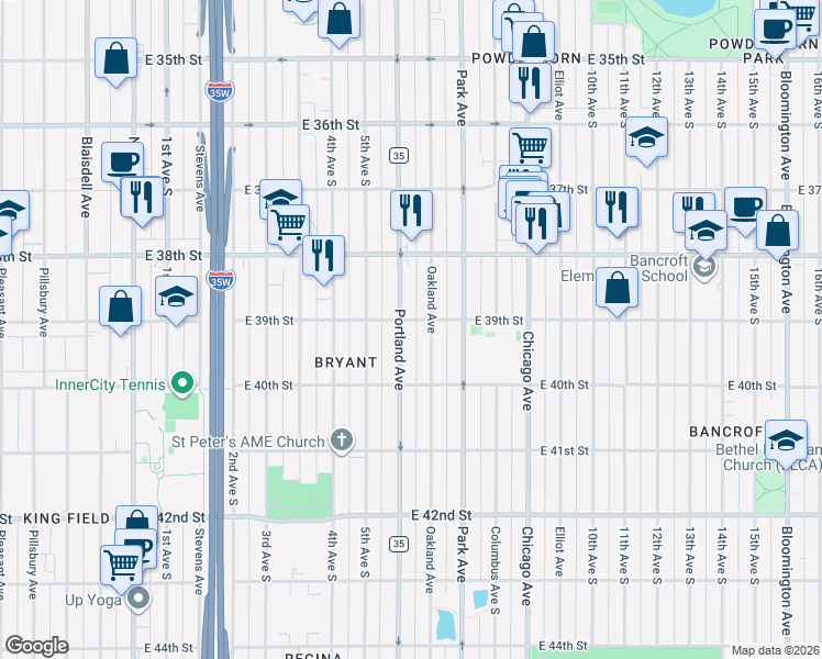 map of restaurants, bars, coffee shops, grocery stores, and more near 3853 Portland Avenue in Minneapolis