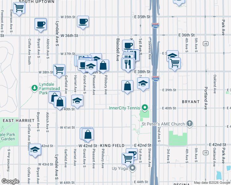 map of restaurants, bars, coffee shops, grocery stores, and more near 118 West 39th Street in Minneapolis