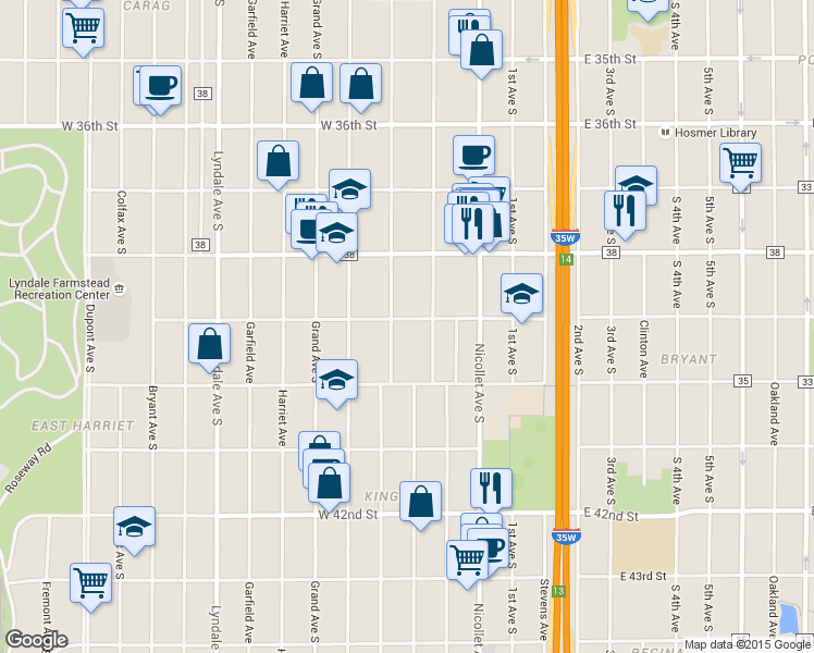 map of restaurants, bars, coffee shops, grocery stores, and more near 118 West 39th Street in Minneapolis