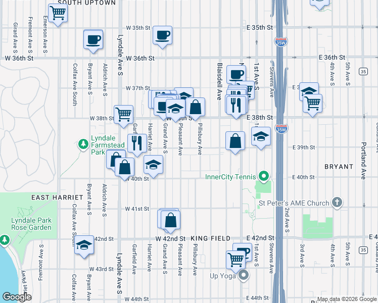 map of restaurants, bars, coffee shops, grocery stores, and more near 3854 Pillsbury Avenue in Minneapolis