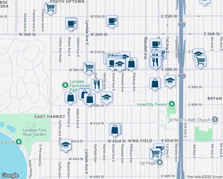 map of restaurants, bars, coffee shops, grocery stores, and more near 3852 Grand Avenue South in Minneapolis