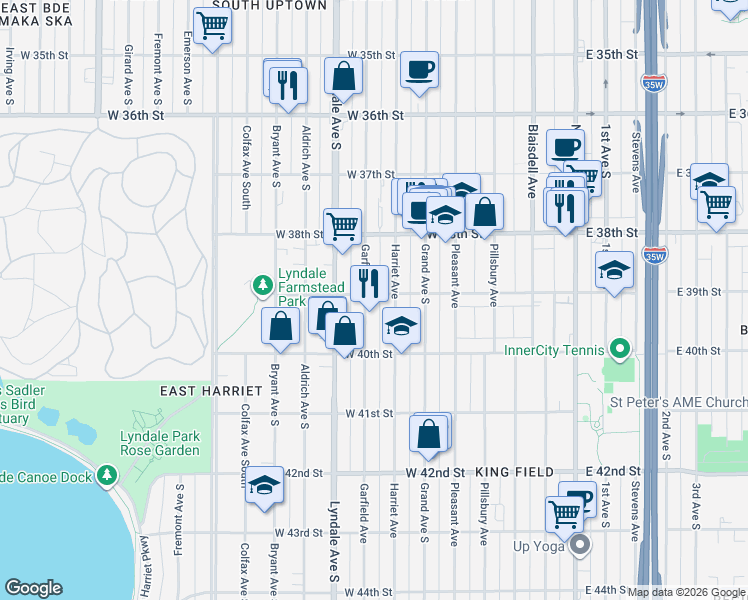 map of restaurants, bars, coffee shops, grocery stores, and more near 514 West 39th Street in Minneapolis