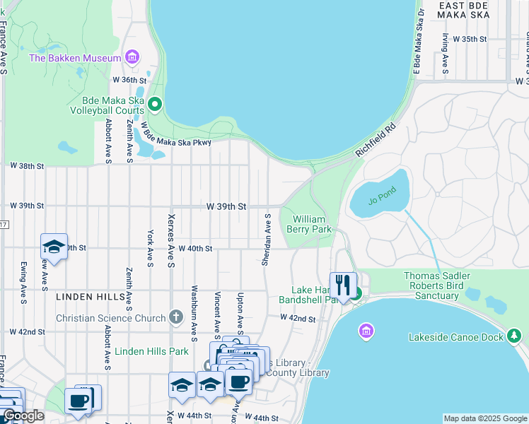 map of restaurants, bars, coffee shops, grocery stores, and more near 3844 Sheridan Avenue South in Minneapolis