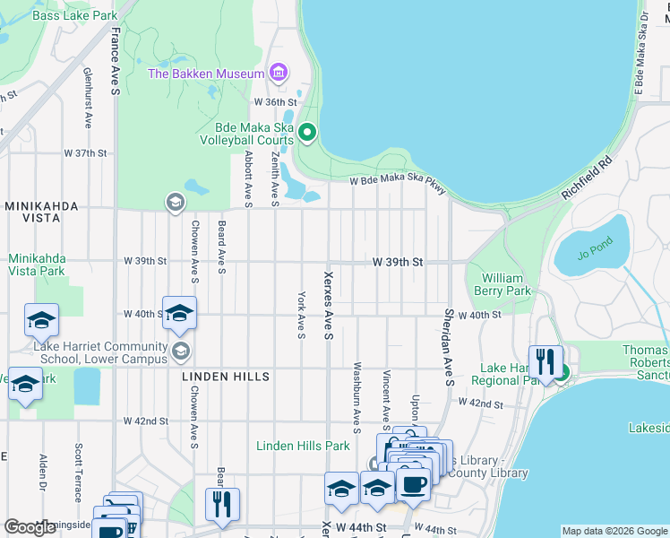 map of restaurants, bars, coffee shops, grocery stores, and more near 3844 Washburn Avenue South in Minneapolis