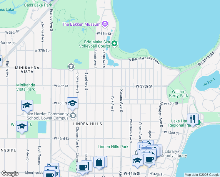 map of restaurants, bars, coffee shops, grocery stores, and more near 3847 Zenith Avenue South in Minneapolis