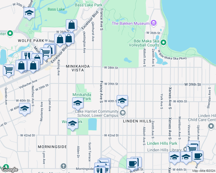 map of restaurants, bars, coffee shops, grocery stores, and more near 3841 France Avenue South in Minneapolis