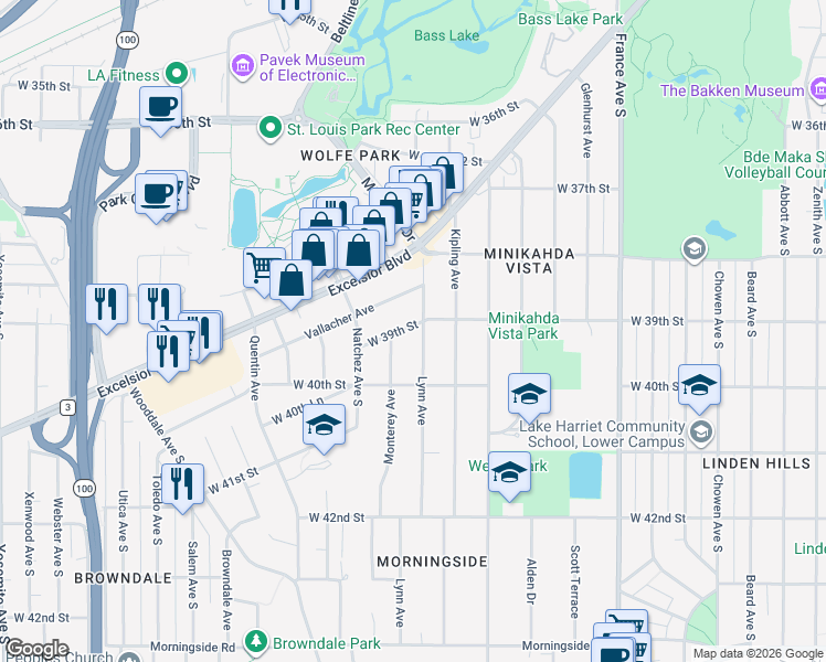 map of restaurants, bars, coffee shops, grocery stores, and more near 4508 West 39th Street in Minneapolis