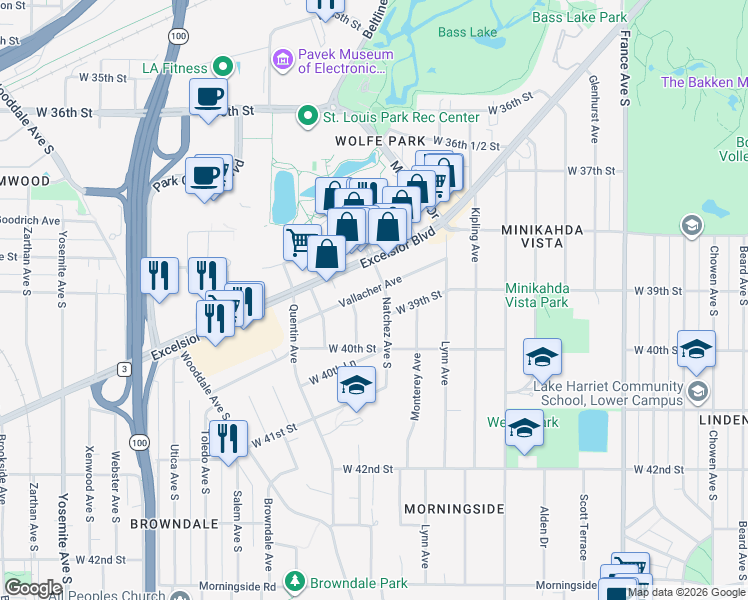 map of restaurants, bars, coffee shops, grocery stores, and more near 4720 Vallacher Avenue in Minneapolis