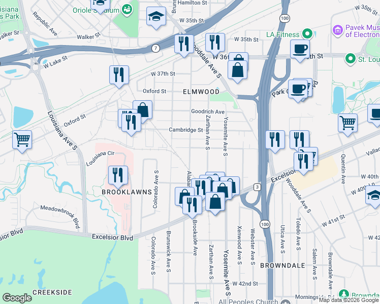 map of restaurants, bars, coffee shops, grocery stores, and more near 5912 West 39th Street in Minneapolis