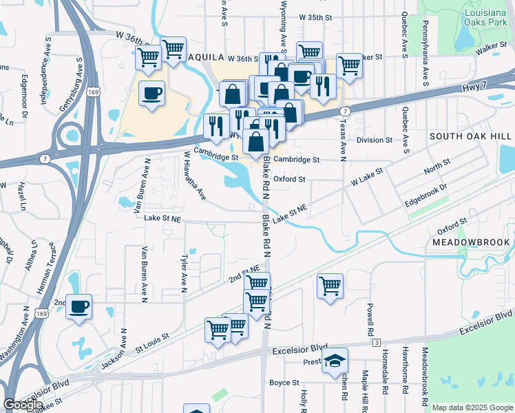 map of restaurants, bars, coffee shops, grocery stores, and more near 431 Blake Road North in Hopkins