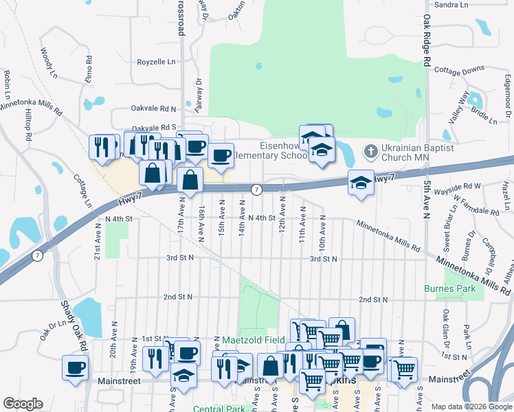 map of restaurants, bars, coffee shops, grocery stores, and more near 425 14th Avenue North in Hopkins