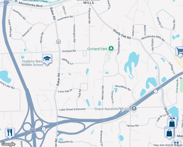 map of restaurants, bars, coffee shops, grocery stores, and more near 3951 Plymouth Road in Hopkins