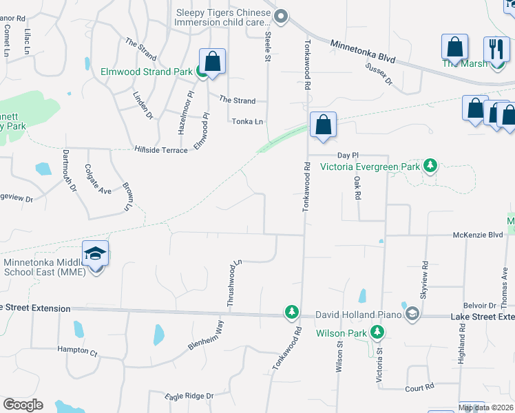 map of restaurants, bars, coffee shops, grocery stores, and more near 16300 Pine Street in Minnetonka