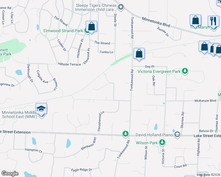 map of restaurants, bars, coffee shops, grocery stores, and more near 16300 Pine Street in Minnetonka
