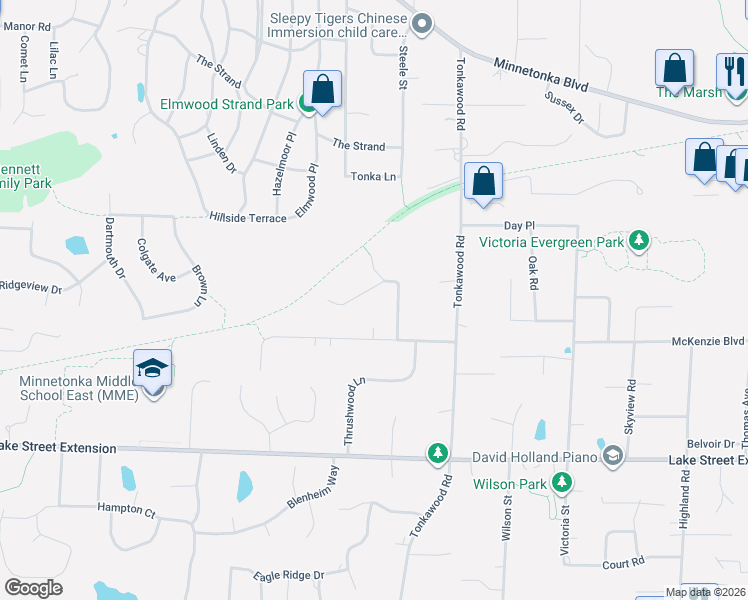 map of restaurants, bars, coffee shops, grocery stores, and more near 16300 Pine Street in Minnetonka