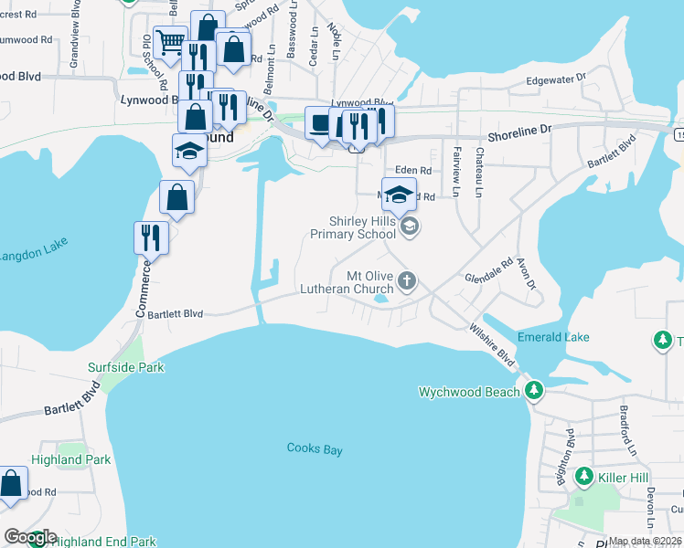 map of restaurants, bars, coffee shops, grocery stores, and more near 2551 Lakewood Lane in Mound