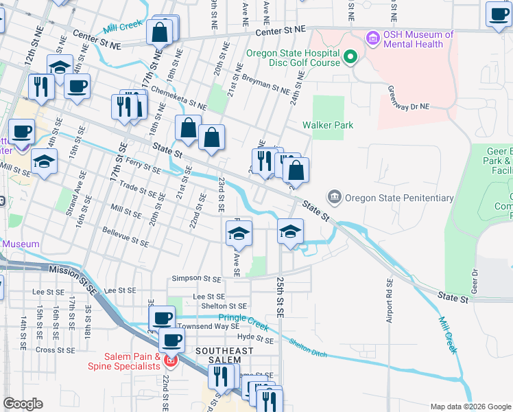 map of restaurants, bars, coffee shops, grocery stores, and more near 165 24th Street Southeast in Salem